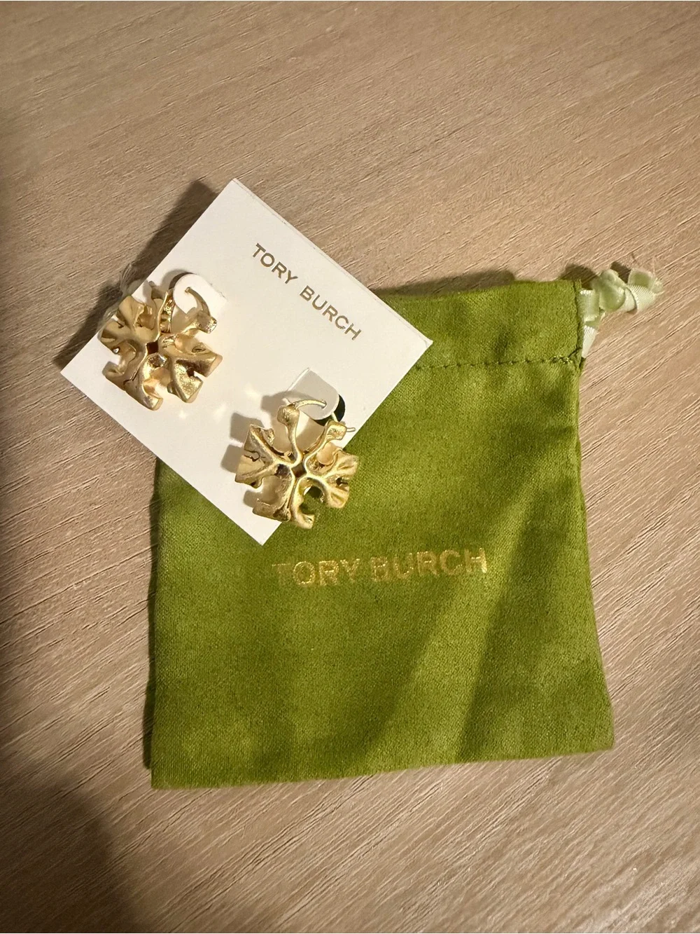 Tory Burch Gold Miller Logo Hoop Earrings New Dust Bag Gift Pouch